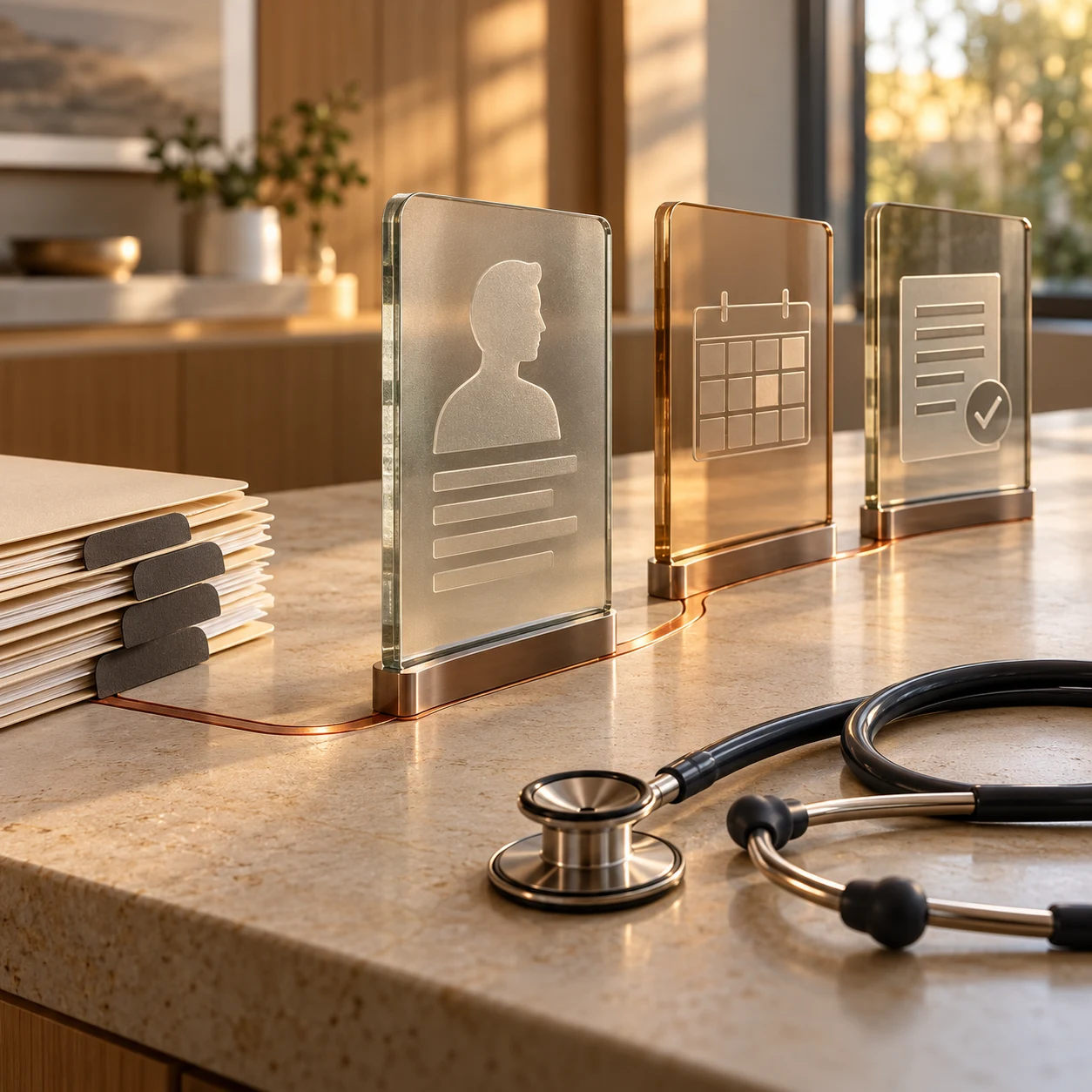 Illustration of patient-record, calendar, and completed-document glass panels beside paper folders and a stethoscope in warm light.